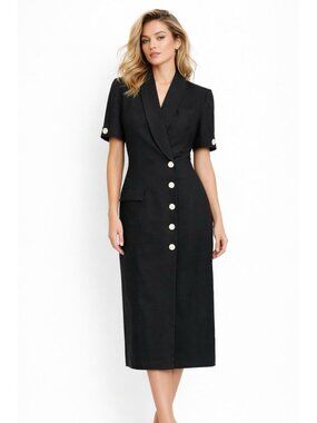 vintage 80s JG HOOK black dress 10 linen cotton nautical retro business